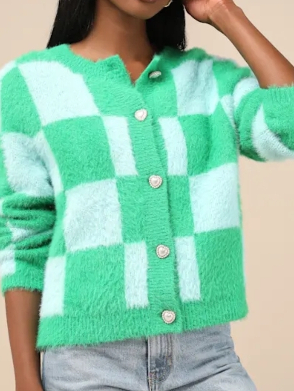 Lulus Cherished Crush Green and Blue Checkered Eyelash Knit Cardigan